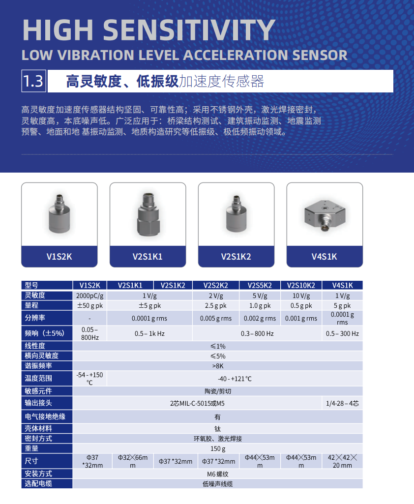 高靈敏度、低振級加速度傳感器